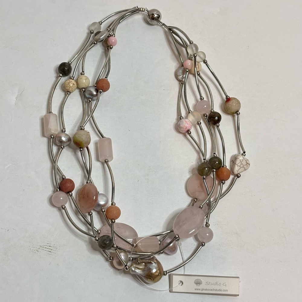 NWT Studio G Pink Green Pearl Stone Silver Bead Multi Strand Necklace